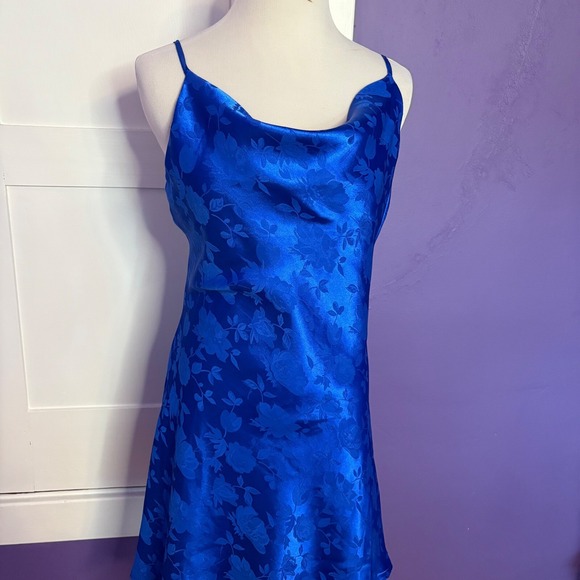 Lulus Royal Blue Slip Dress‎ Floral Satin Cowl Neck Mini Party Dress Large - Picture 4 of 9